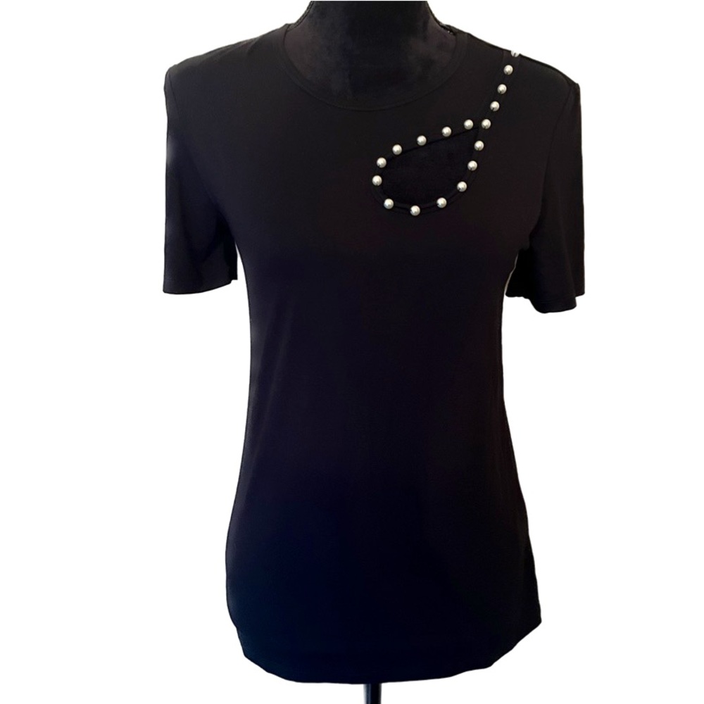 HILARY RADLEY for Katherine Barclay Size Small Black Pearl Studded Peekaboo Top